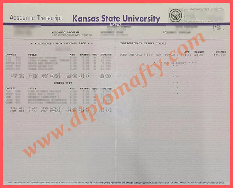 定做KSU堪萨斯州立大学成绩单