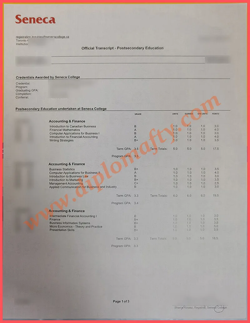 定制辛尼加学院成绩单