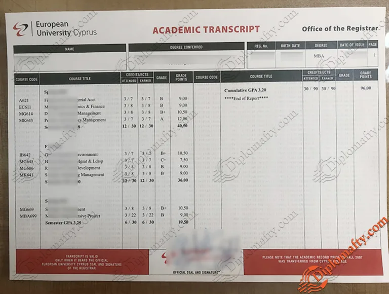 European University Cyprus Transcripts