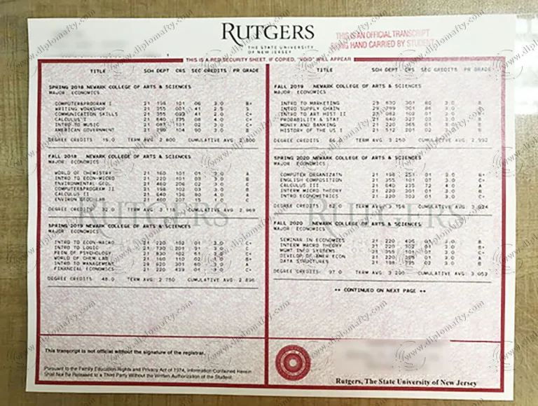 Rutgers，The State University of New Jersey Transcript