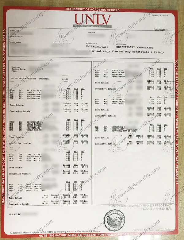 University of Nevada, Las Vegas Transcripts