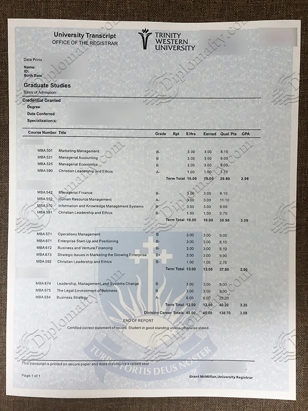 Trinity Western University Transcript