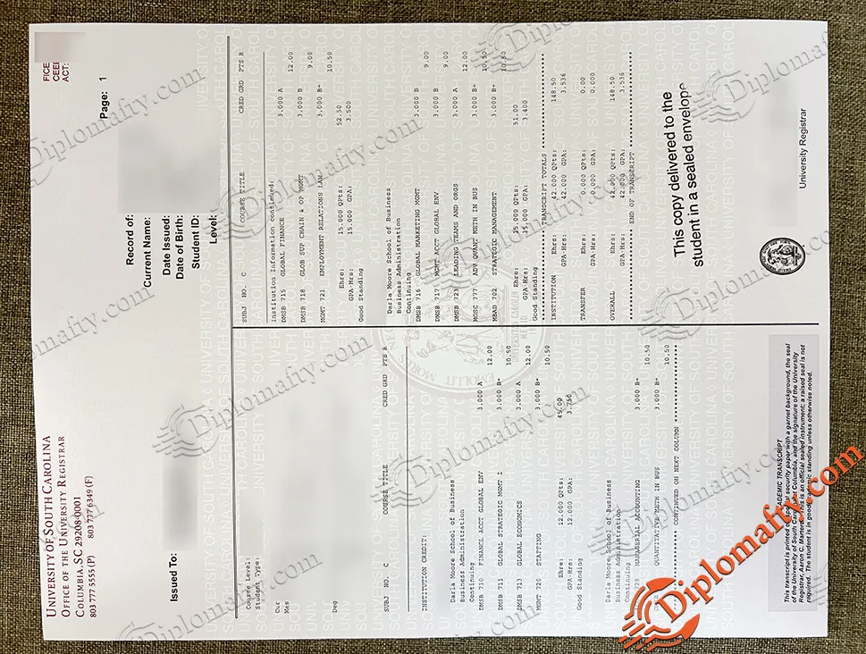 仿制南卡罗来纳大学成绩单
